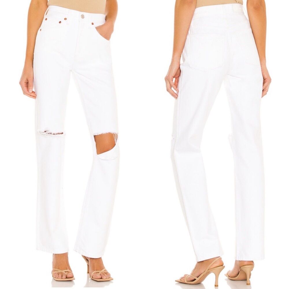 RE/DONE Women 23 90s High Rise Ankle Crop Jeans White Slim Distressed NEW FLAW